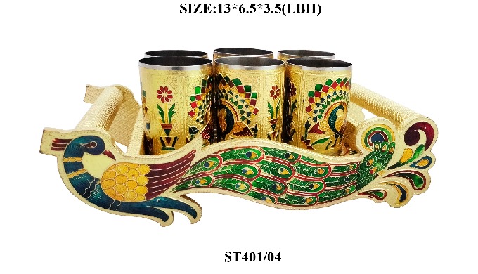 Wooden Handicraft Made Peacock Design Gold Meena Service tray For Serving Your Guest And Also For Gi...