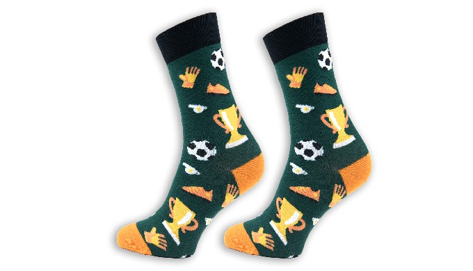 Colorful men's socks in a football pattern