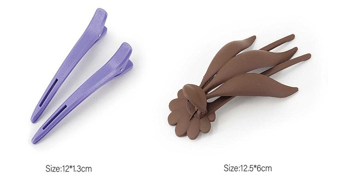 A set of unique hair accessories including a flower claw clip, hair pin, and square claw clip. This ...