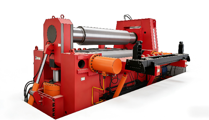 This machine is a hydraulic three-roll plate bending machine, used for rolling steel plates into cyl...